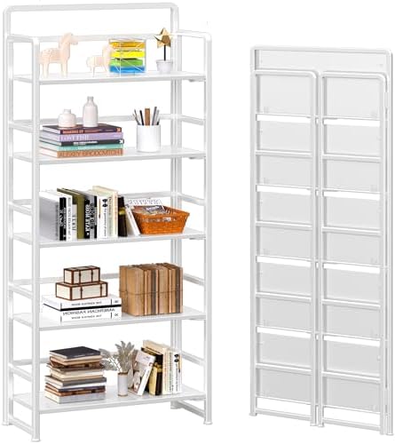 4NM No Assembly 5 Tier Folding Bookshelf Tall Storage Shelves Vintage Bookcase Standing Racks Study Organizer Home Office by 4NM