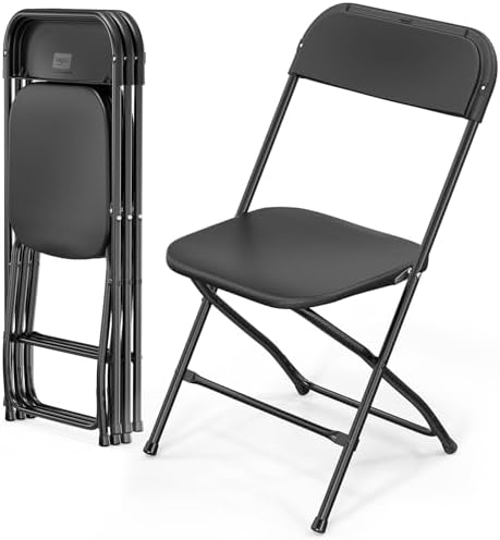 VINGLI 4 Pack Black Plastic Folding Chair, Indoor Outdoor Portable Stackable Commercial Seat with Steel Frame 350lb. Capacity for Events Office Wedding Party Picnic Kitchen Dining by VINGLI