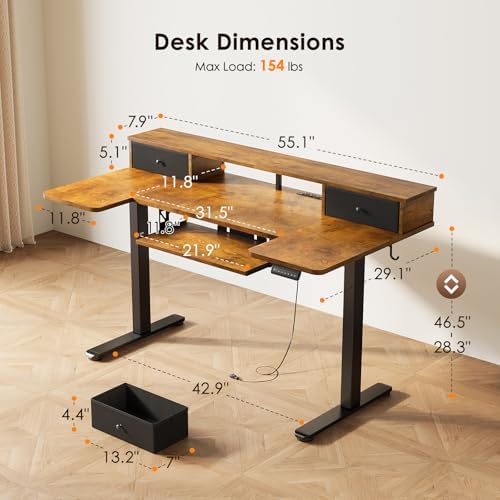 OffiGo 55 Inch U Shape Standing Desk, Keyboard Tray & Drawers, Rustic Brown - Image 3