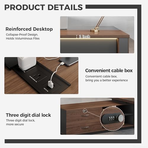 Compact Reversible L Shaped Executive Desk for Manager, Home Office Desk with Power Outlet & USB Ports, LED Ambient Lighting, Storage Cabinet (Black Walnut+Khaki, 95" L*71" W*30" H) - Image 5