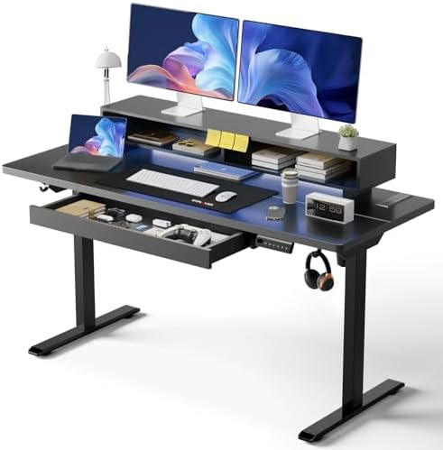 GTPLAYER Electric Standing Desk with Drawers, 48 x 24 Inch Height Adjustable Gaming Desk with Monitor Stand, Power Outlets & LED Lights, Home Office Sit Stand Up Desk with Memory Preset (Ebony Black) by GTPLAYER