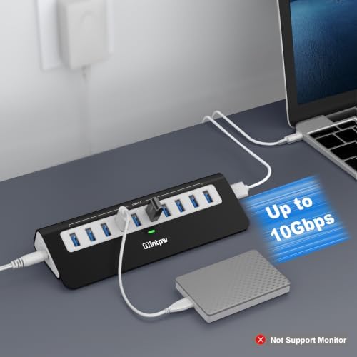 Powered USB Hub, intpw 10 Port USB 3.1 Hub with 10Gbps Data Transfer, 36W(12V/3A) Power Adapter, USB Type A and Type C Cable, Grey USB Hub for Laptop, MacBook and Desktop Computer - Image 3