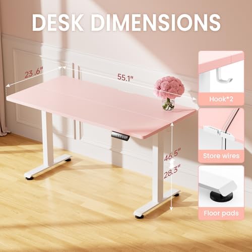 Veken 55 Inch Large Electric Standing Desk, Gaming Table, Pink - Image 3