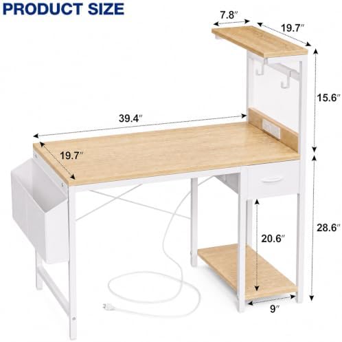 Grandder Computer Desk 40 Inch with Power Outlet and LED Light Oak - Image 3