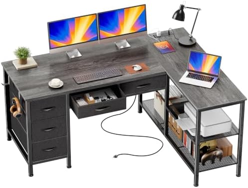PRAISUN 47 Inch L Shaped Desk with Power Outlets, 5 Fabric Drawers by PRAISUN