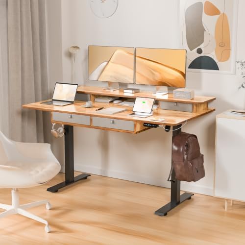 63 x 30 Inch Electric Standing Desk with 4 Drawers, Light Rustic - Image 2