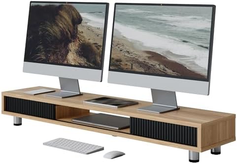 Fenge Dual Monitor Stand with Storage, Desk Shelf with Glass Sliding Door by Fenge