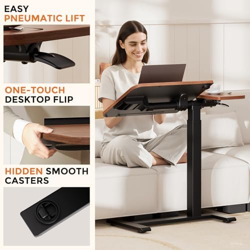 COMHOMA Tiltable Mobile Small Standing Desk, Pneumatic Adjustable Height Overbed Bedside Table with Wheels, Sit Stand Portable Rolling Laptop Desk Computer Workstations, Walnut - Image 5