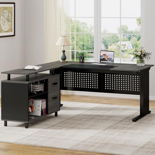 Tribesigns 63 Inch Executive Desk with File Cabinet, L Shaped Office Desk with Drawers and Storage Shelves, Business Furniture Set Workstation for Home Office, Gray and Black - Image 5