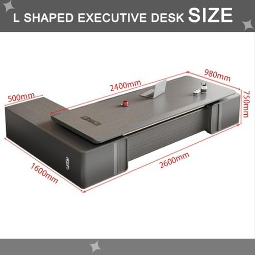 Modern L-Shaped Executive Desk with Drawers, Wooden Office Desk with Hidden Power Outlet, Digital Combination Lock, Aluminum Inlaid Desktop for Home & Professional Office - Image 2
