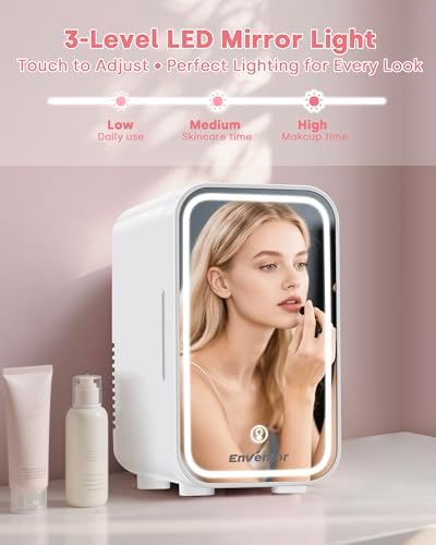 Enventor Mini Fridge with Dimmable LED Mirror, 6L/8 Can, AC/DC Power, White - Image 2