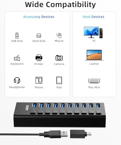 AGEEN 10-Port Powered USB 3.2 Hub, 10Gbps Data Transfer, 48W Power Adapter - Image 6