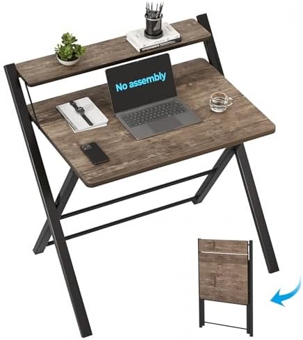 GreenForest No Assembly Folding Desk, 2-Tier Compact Computer Desk with Shelf, 30 inch Space Saving Foldable Table for Home Office, Dorm or Apartment, Portable Collapsible Sturdy Laptop Desk, Brown by GreenForest