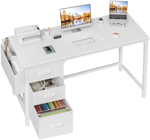 Lufeiya White Computer Desk with Fabric File Drawers Cabinet, 55 Inch Reversible Desks with Storage Filing Cabinet for Home Office, Modern Writing Table PC Desks for Bedroom, White by LUFEIYA