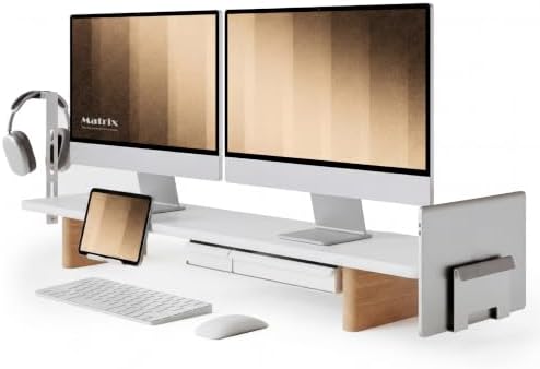 Fenge Modular Dual Monitor Stand Riser with Solid Ash Wood Leg, 42.5" White by Fenge
