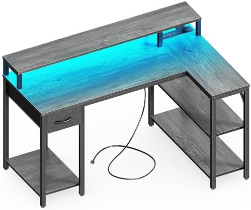 SUPERJARE 47 inch Reversible L Shaped Desk with LED Lights & Power Outlets, Computer Desk with Shelves & Monitor Stand, Gaming Desk with Drawer, Home Office Desk Corner Desk, Grey by SUPERJARE