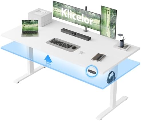 Klicelor 60 Inch Large Electric Standing Desk, Height Adjustable Office Desk, Sit Stand Up Computer Gaming Desk with Memory Preset, Two-Piece Desktop, White by Klicelor