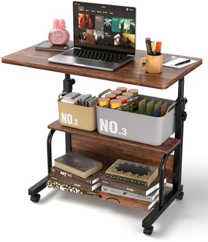 QZMDSM Portable Rolling Desk on Wheels Adjustable Height Desks for Small Spaces, 32" Computer Desk Drafting Tables with Storage Shelves for Home Office Rustic by QZMDSM