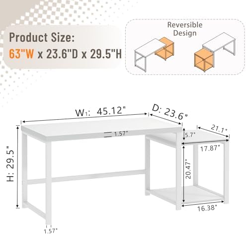 FOLUBAN Large White Computer Desk, Home Office Desk with Printer Space & PC Tower Stand, Modern Study Writing Table Workstation for Living Room Bedroom, 63 Inch - Image 2