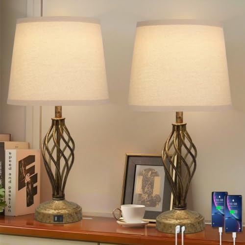 Ruiever Touch Table Lamps Set of 2, nightstand lamp with USB Ports Bedside 3 Way Touch dimmer Desk lamp for Living Room Bedroom,Antique Gold Spiral cage Base Design Warm White dimmer Bulbs Included. by Ruiever