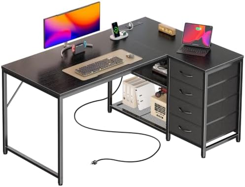 PRAISUN 43.3" Small L Shaped Desk with Power Outlets & 4 Drawers by PRAISUN