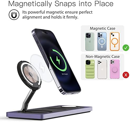 PETINO Mag-Safe Charger Stand, 3-in-1 Magnetic Wireless Charging Station for Apple Devices, iPhone 15/14/13/12 Series, Apple Watch, AirPods Pro (Purple) - Image 2