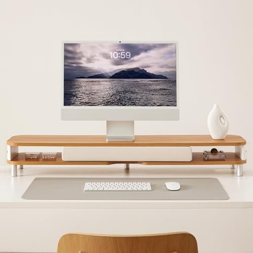 Fenge Dual Monitor Stand with Large Storage Drawer, 42.5" Desk Shelf, Oak - Image 6