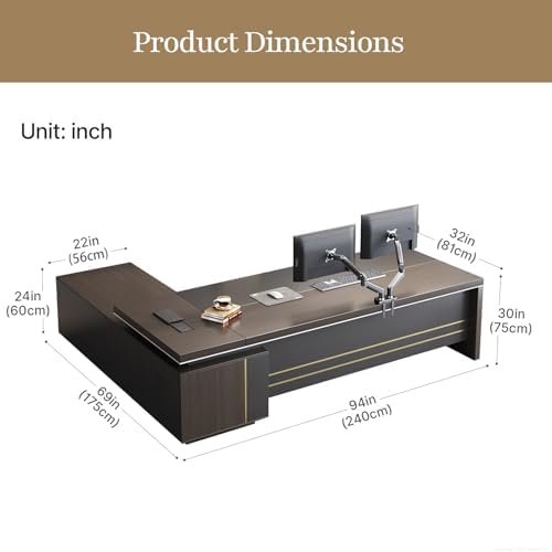 94" L-Shaped Executive Desk with Reversible Return, Large Office Desk for CEO and Manager Office, Power Hub with USB-C HDMI RJ45, 3-Digit Lock Drawer, Storage Shelves and Privacy Panel, Gray Walnut - Image 2