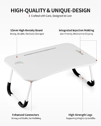 FISYOD Foldable Laptop Table, Portable Lap Desk Bed Table Tray, Laptop Stand with Cup Holder & Tablet Slot & Lifting Handle for Working Writing Drawing & Eating (White) - Image 5