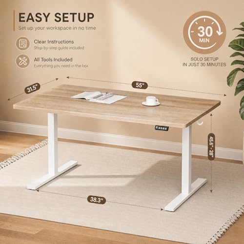 Grandder 55x32 Large Electric Standing Desk, Height Adjustable Computer Desk with 2 Memory Presets, 31.5" Deep Desktop Sit Stand Desk Home Office Desk Workstation Table with Hooks, Maple - Image 3