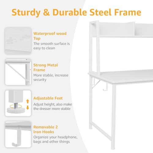 DLisiting White Computer Desk with Hutch & Drawers - 47 Inch Modern Study Writing Office Desk with 3 Storage Drawers and Power Outlets for Bedroom Home Office - Image 5