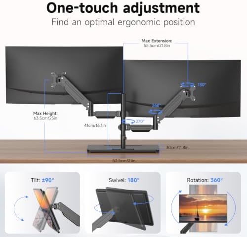Suptek Freestanding Dual Monitor Stand for 2 Screens up to 35 Inches, Height Adjustable Monitor Arms Hold 24.25 lbs Each, Full Motion Dual Monitor Mount with Large Stable Base, VESA 75/100 - Image 3