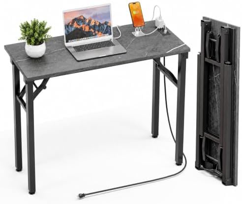 Folding Table Computer Desk - 35.8" No Assembly Folding Desk with Power Outlets & USB Charging Port, Small Desk, Foldable Office Desk, Compact Storage Portable Use for Small Space, Marble Greige by HMFOR