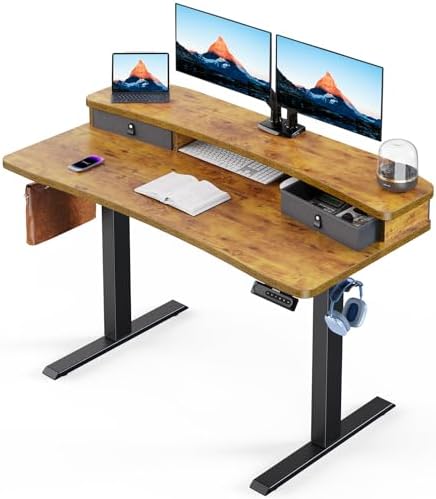 HUANUO 48″ x 24″ Electric Standing Desk with 2 Drawers, C-Clamp Mount Compatible, Height Adjustable Computer Desk, Home Office Stand Up Desk with 4 Preset Heights & 2 Hooks, Vintage Brown by HUANUO
