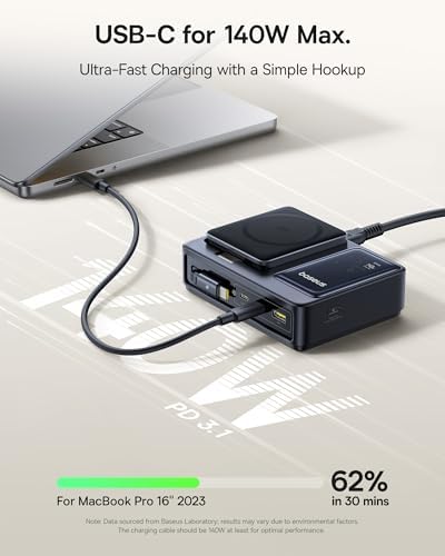 Baseus Nomos 5-in-1 Charging Station 140W, Qi2 Certified 15W Magnetic Wireless Charger with 100W Retractable Cable, GaN Fast USB C Desktop Charger for Magsafe, iPhone 16/15 Pro Max, MacBook Pro - Image 4