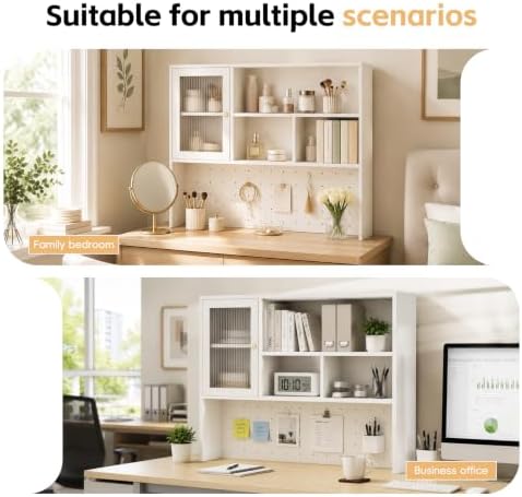 LINLIUA Desktop Bookshelf, Desk Hutch Dorm with Pegboard, Desk Shelves for Top of Desk, Wood Desktop Storage Rack with Cabinet Door, Countertop Bookcase for Office Dorm Home Study - Image 6