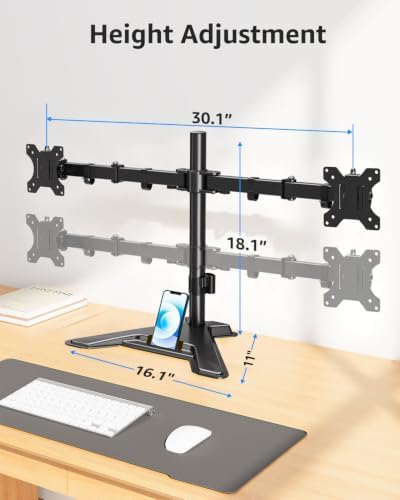 MOUNTUP Dual Monitor Stand - Freestanding & Height Adjustable Monitor Desk Mount, Steady VESA Mount Holds Max 17.6 lbs, Computer Monitor Stand for 2 Screens up to 27 inches, For Home Office - Image 3