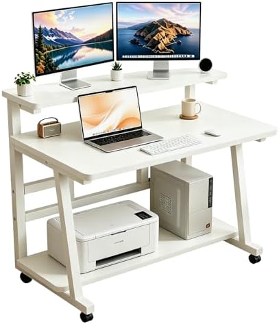 31.5 Inch Compact Rolling Computer Desk with Tier Worktable & Lockable Wheels, Small Computer Desk, Small Desk for Bedroom, Mobile Writing Workstation Easy Assembly for Home Office Small Spaces by HDOFM