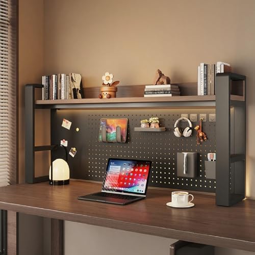 Desk Shelf Organizer for Top of Desk – Desktop Bookshelf with Pegboard & Storage Accessories, Adjustable Hutch for Dorm or Office, Steel Frame Display She Black frame + dark brown board 21.7*9.8*26in by Unknown