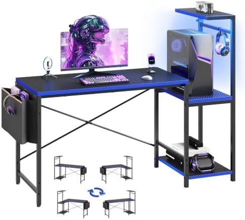 51.2'' Gaming Desk with LED Lights, Black&Blue by RSPGAME