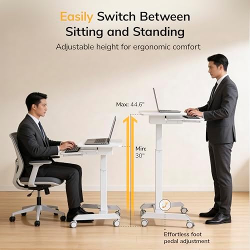Mount-It! Height Adjustable Rolling Laptop Desk with Keyboard Tray, Mobile Sit-Stand Computer Cart with Wheels, Small Standing Desk for Home, Office, or Classroom, 23.6" x 20.5", White - Image 4