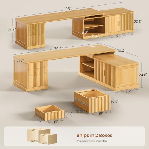 SEDETA Fluted 70.9" L Shaped Desk with Drawers and Storage Cabinet, Oak - Image 2