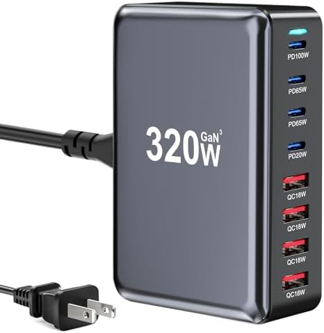 320W USB C Fast Charger Block, Multi-port USB Charging Station, GaN Ⅲ Double 100W PD PPS Port Fast Charging Station for Multiple Devices,Laptop Wall Charger Compatible with MacBook, iPhone 17,iPad etc by LMSEP