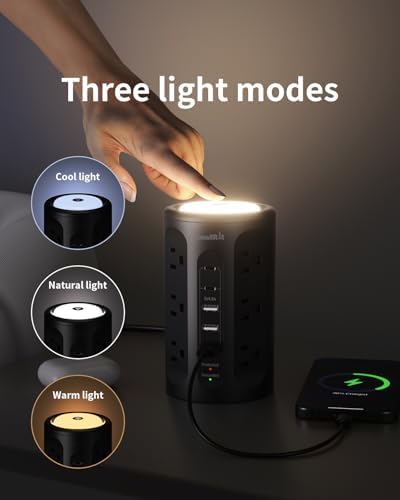 Power Strip with Night Light, Extension Cord with Multiple Outlets (12AC+3A+2C), 10 FT Desk Power Strip Tower Charging Station for Home, Office, College Dorm Essentials - Image 3