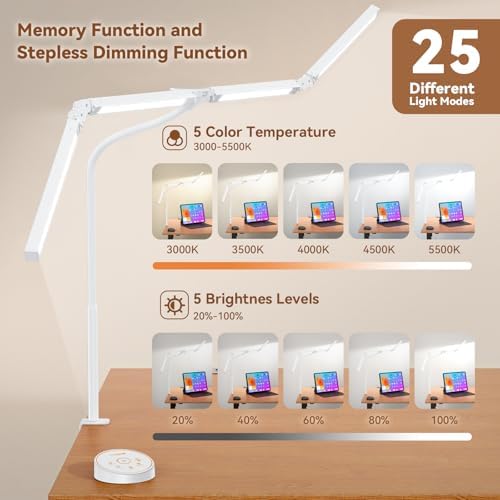 Pzloz Led Desk Lamp with Clamp: Architect Desk Lamp for Home Office, Eye Caring Double Head Computer Monitor Work Desk Light with Remote Control - 24W Flexible Dimmable Desktop Table Lamp White - Image 6