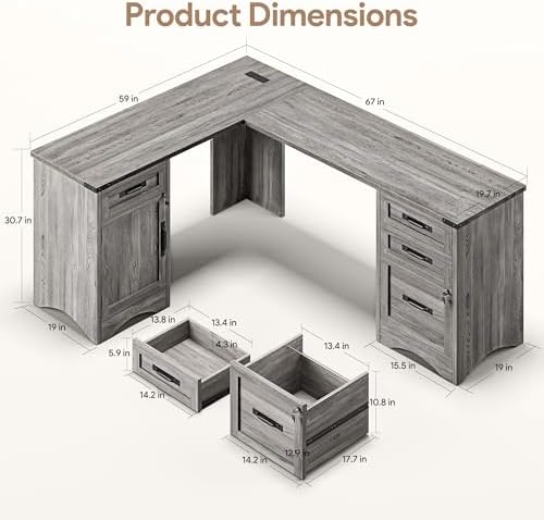 Decofy 67" Farmhouse L Shaped Standing Desk with Drawers Home Office Executive Desks with Fast Charging Station, Lockable File Cabinet, Wood Writing Computer Desk for Work, Study, Grey - Image 2