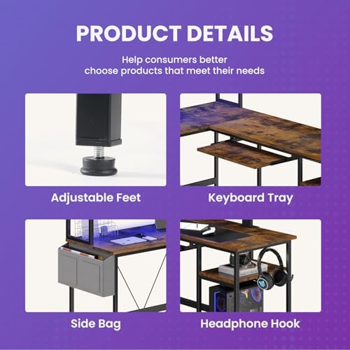 DUMOS 67" L Shaped Gaming Desk, Reversible Computer Desks with LED Lighting - Image 6