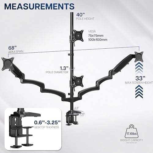 VIVO Quad Pneumatic Monitor Mount for 4 Screens up to 32 inches, Fully Adjustable, Heavy Duty Desk Stand with C-Clamp, Black, STAND-V400G - Image 3