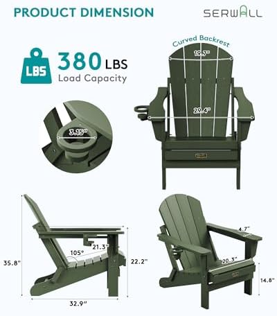 SERWALL Folding Adirondack Chairs Set of 4,Patio Chair with Cup Holder-Army - Image 3