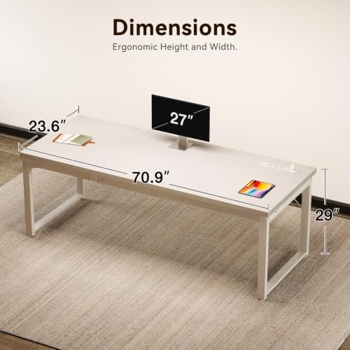 Coleshome 71 Inch Long Computer Desk with Power Outlet, Thicker Desktop & Legs, Large Heavy Duty Office Desk for Home Office & Gaming, White - Image 3